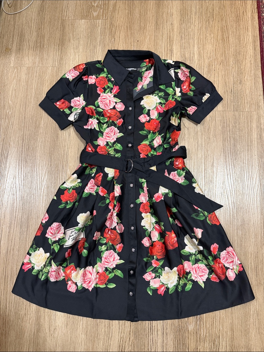 Karl Lagerfeld Black Floral Dress with Red and Green Accents size 4